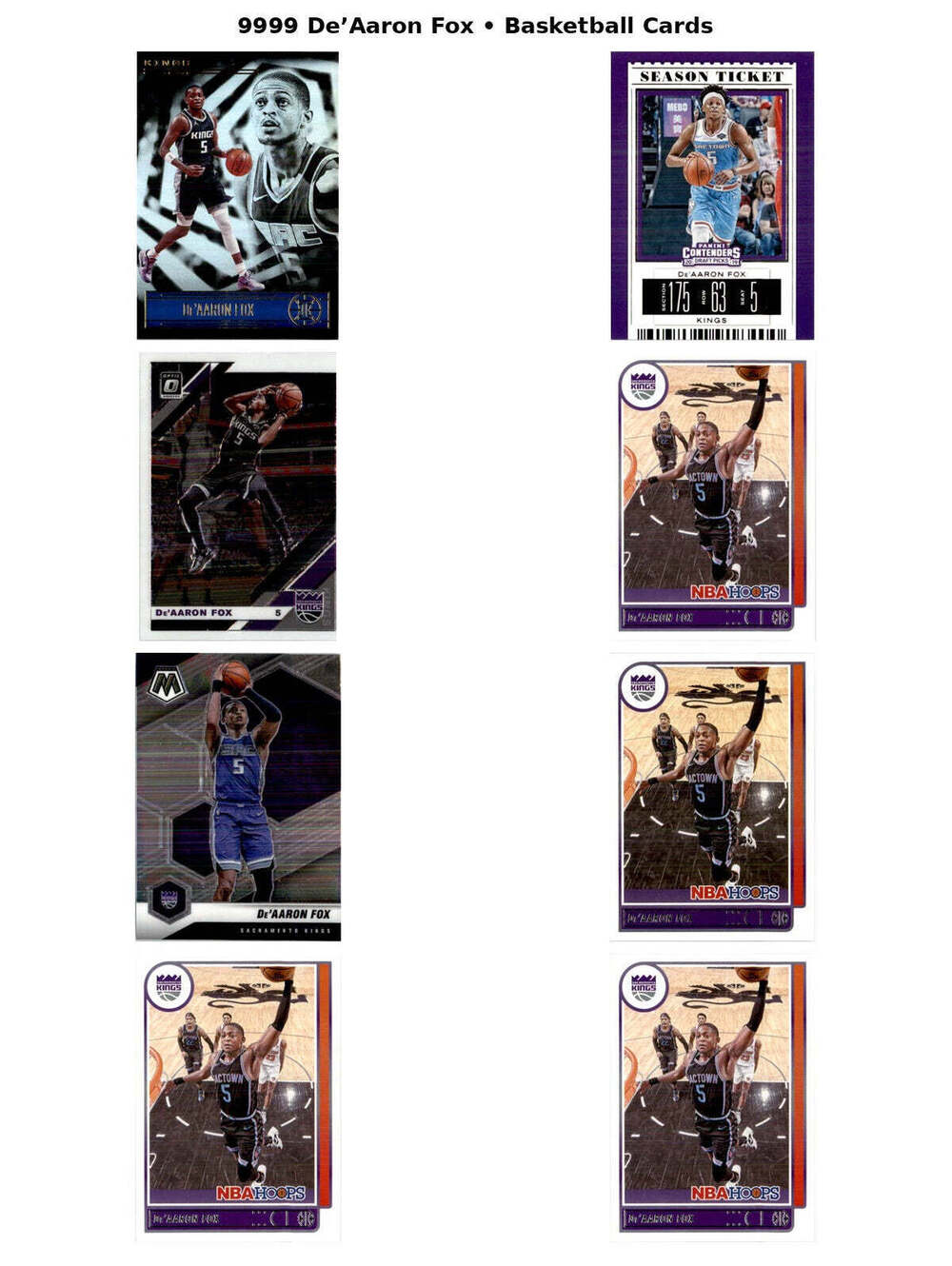 9999 De'Aaron Fox Basketball Cards 8 Card Lot Mosaic Illusions Optic Hoops